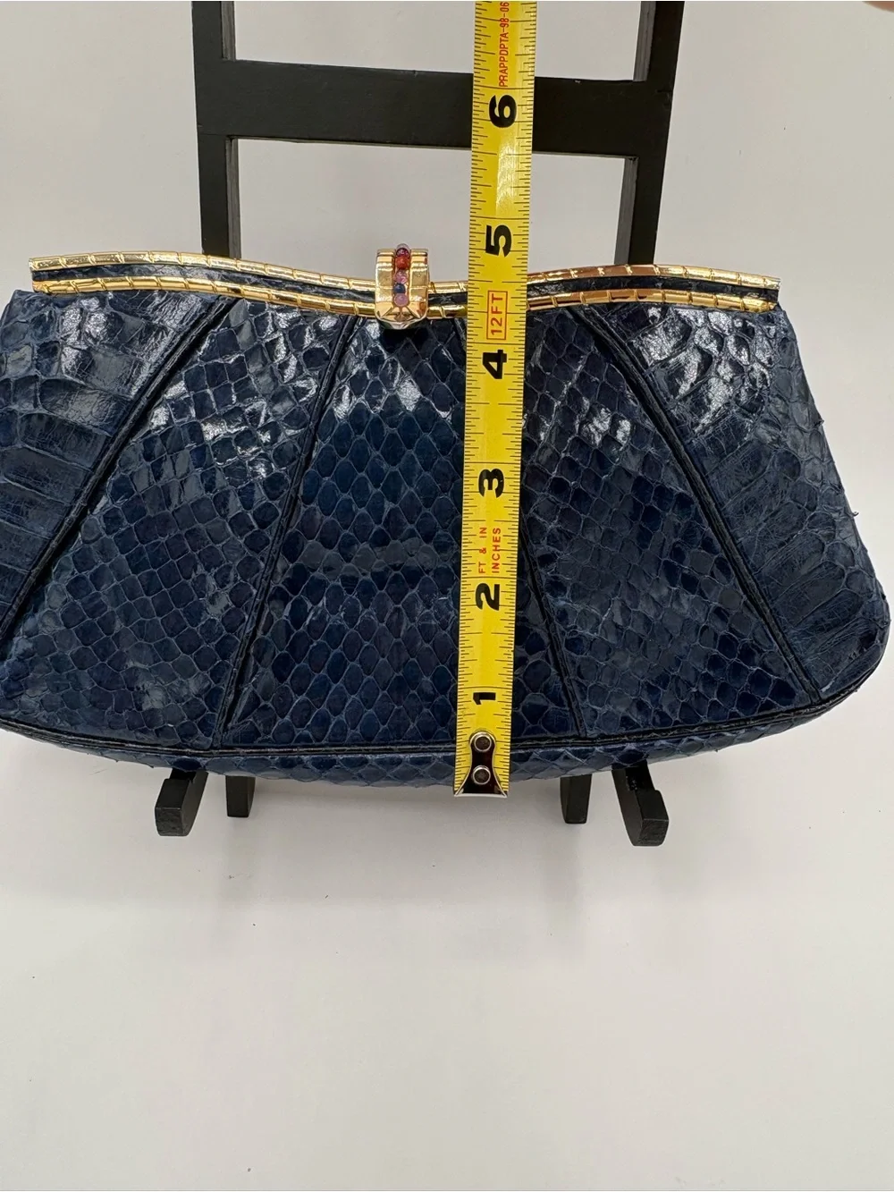 Vtg JUDITH LEIBER Snakeskin Leather Clutch Bag Small Navy Gold Multi Stones RARE
